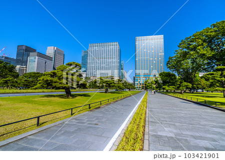 日本の東京都市景観 自転車用のレーンも整備され…「馬場先門」交差点前のビル群を望む＝5月17日 103421901