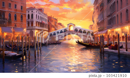 Illustration of the beautiful city of Venice. City of gondoliers, bridges, carnivals and love. Italy 103421910