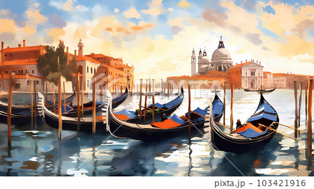 Illustration of the beautiful city of Venice. City of gondoliers, bridges, carnivals and love. Italy 103421916