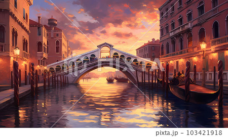 Illustration of the beautiful city of Venice. City of gondoliers, bridges, carnivals and love. Italy 103421918