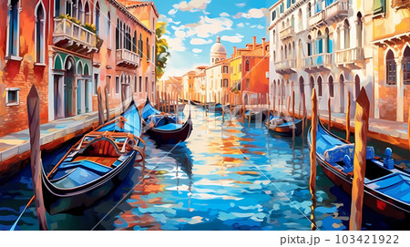 Illustration of the beautiful city of Venice. City of gondoliers, bridges, carnivals and love. Italy 103421922