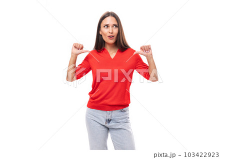 30 year old caucasian woman with straight dark hair dressed in a red shirt is inspired by an idea on 103422923