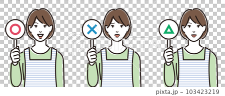 A set of women wearing aprons with round triangle cards 103423219