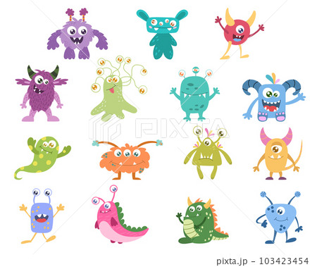 A set of cute cartoon monsters, an alien. Vector illustration on a white background A set of cute cartoon monsters, an alien. Vector illustration on a white background 103423454