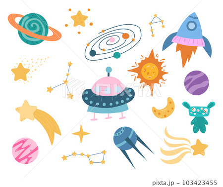 A set of space cartoon illustrations, planets and constellations. A set of space cartoon illustrations, planets and constellations. 103423455
