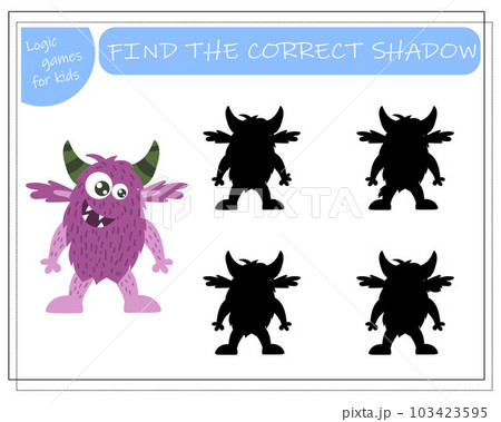 Find the right shadow, an educational game for kids, cartoon monsters, aliens in a flying saucer. Vector illustration Find the right shadow, an educational game for kids, cartoon monsters, aliens in a flying saucer. Vector illustration 103423595