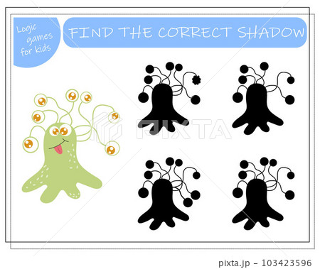 Find the right shadow, an educational game for kids, cartoon monsters, aliens in a flying saucer. Vector illustration Find the right shadow, an educational game for kids, cartoon monsters, aliens in a flying saucer. Vector illustration 103423596