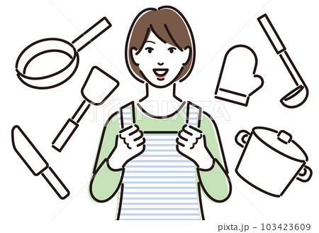 調理器具とやる気満々のエプロン姿の女性 103423609