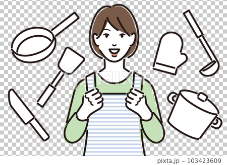 Cooking utensils and a woman in an apron full of motivation 103423609