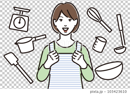 製菓道具とやる気満々のエプロン姿の女性 103423610