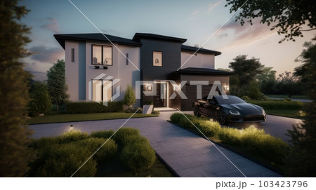 Modern luxury two-story villa with white walls, large windows, a garage, a neat lawn and a luxury car in the parking lot in front of the house. Beautiful sunset sky. Modern luxury two-story villa with white walls, large windows, a garage, a neat lawn and a luxury car in the parking lot in front of the house. Beautiful sunset sky. 103423796