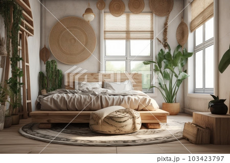 Cozy boho style bedroom. Wooden bamboo furniture, natural textiles, wicker lampshades and decor, live ornamental plants, large windows overlooking the morning garden. Cozy boho style bedroom. Wooden bamboo furniture, natural textiles, wicker lampshades and decor, live ornamental plants, large windows overlooking the morning garden. 103423797