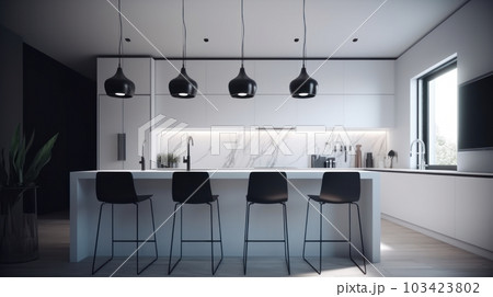 Modern kitchen in a minimalistic high-tech style, white smooth finish, long bar with black bar stools. 103423802