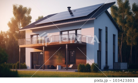 A modern two-story cottage in a minimalist style with solar panels on the roof. White walls, spacious terrace, neat lawn. Soft evening light. 103423803