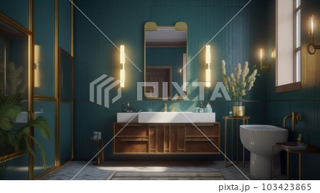 Modern luxury bathroom in Art Deco style, emerald green walls, gold-framed mirrors, gold-plated accessories and faucets. 103423865