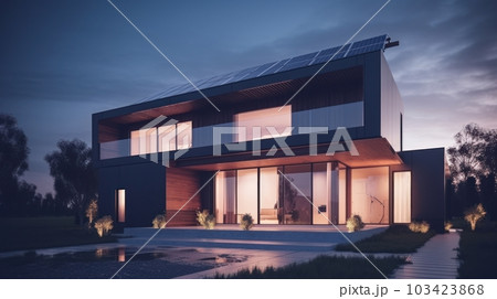 A modern wooden two-story cottage in a high-tech minimalist style with solar panels on the roof. Panoramic windows, spacious terrace, neat lawn, swimming pool in front of the house. Twilight A modern wooden two-story cottage in a high-tech minimalist style with solar panels on the roof. Panoramic windows, spacious terrace, neat lawn, swimming pool in front of the house. Twilight 103423868