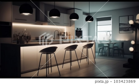 Modern kitchen in a minimalistic high-tech style, white smooth finish, long bar with black bar stools, LED lighting, dining area. 103423869