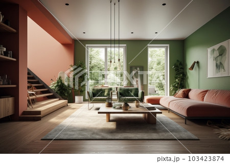 Modern living room, trendy combination of pistachio and terracotta colors. Comfortable sofa and armchair, coffee table, vintage carpet, wooden stairs to the second floor. Modern living room, trendy combination of pistachio and terracotta colors. Comfortable sofa and armchair, coffee table, vintage carpet, wooden stairs to the second floor. 103423874