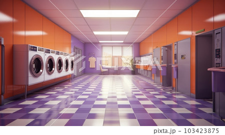 Modern business laundry, huge industrial automatic washing machines stand in a row in a spacious bright room with orange walls. Modern business laundry, huge industrial automatic washing machines stand in a row in a spacious bright room with orange walls. 103423875