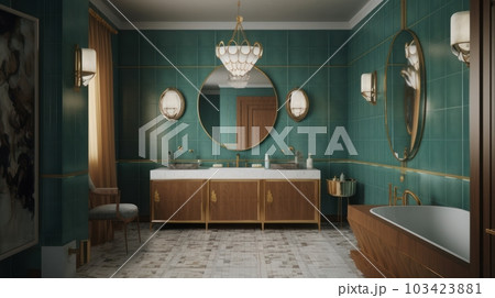 Contemporary luxury Art Deco bathroom, emerald green walls, gold-framed mirrors, gold-plated fittings and faucets, freestanding bathtub. 103423881