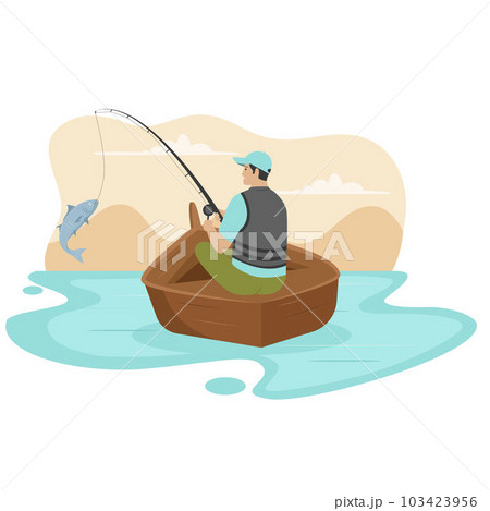 Fisherman in a wooden boat illustration concept. Illustration for websites, landing pages, mobile apps, posters and banners. Trendy flat vector illustration Fisherman in a wooden boat illustration concept. Illustration for websites, landing pages, mobile apps, posters and banners. Trendy flat vector illustration 103423956