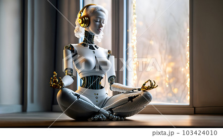 Woman humanoid robot meditating in lotus pose. Mindfulness meditation and Artificial intelligence concept. Generative Ai. Woman humanoid robot meditating in lotus pose. Mindfulness meditation and Artificial intelligence concept. Generative Ai. 103424010