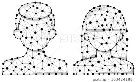 Wireframe polygon human faces - digital man and woman head with line and dots vector icon. 103424199