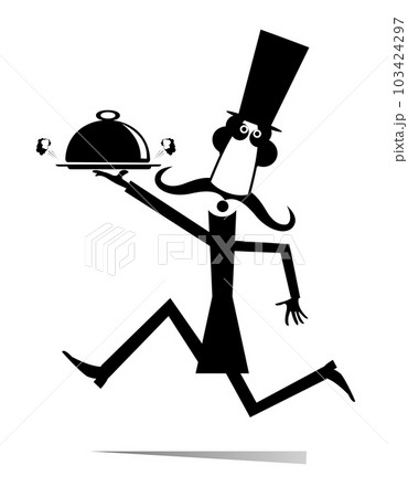 Man carries a cloche serving plate.  Running long mustache man in the top hat carries a cloche serving plate. Black and white 103424297