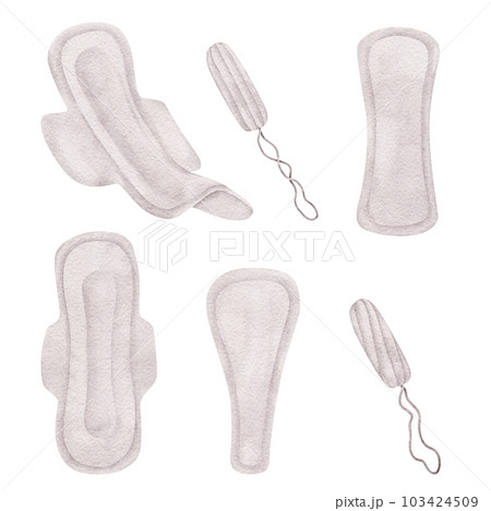 Menstruation Feminine hygiene products, Set of clean hygienic pads with wings and tampons, sanitary napkins. Soft cotton texture. Menstrual cycle. Women's Health. Hand drawn watercolor illustration 103424509