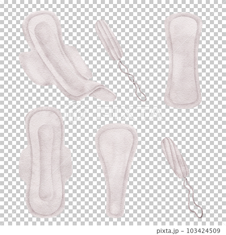 Menstruation Feminine hygiene products, Set of clean hygienic pads with wings and tampons, sanitary napkins. Soft cotton texture. Menstrual cycle. Women's Health. Hand drawn watercolor illustration 103424509