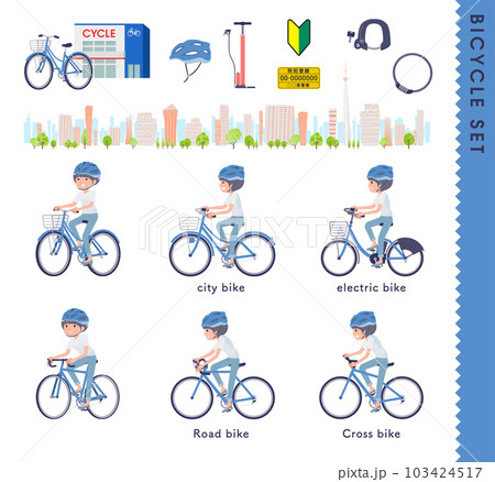 色々な自転車に乗るTシャツマッシュヘア女性のセット 103424517