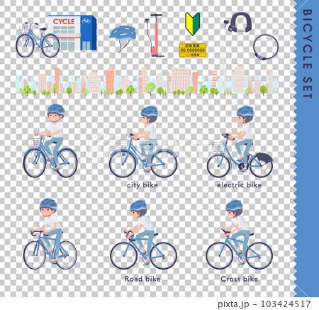 色々な自転車に乗るTシャツマッシュヘア女性のセット 103424517
