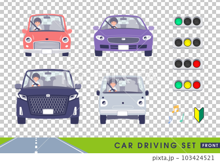 Set of T-shirt mush hair woman driving a car. Facing the front 103424521