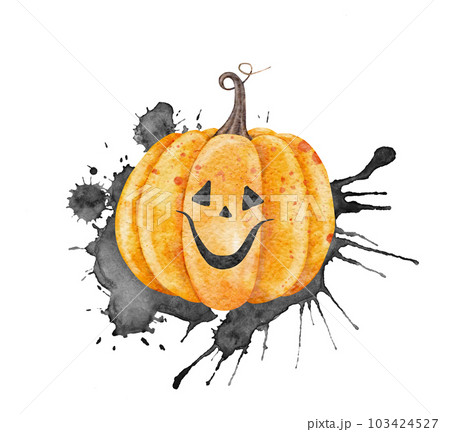 Scary Jack o Lantern on black splashes. Halloween holiday pumpkins. Watercolor hand drawn illustration. Symbol of horror for stickers, holidays design, posters, invitations. 103424527