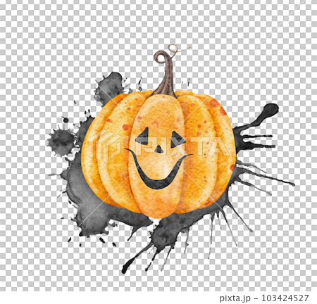 Scary Jack o Lantern on black splashes. Halloween holiday pumpkins. Watercolor hand drawn illustration. Symbol of horror for stickers, holidays design, posters, invitations. 103424527
