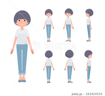 立っているTシャツマッシュヘア女性のセット 103424535