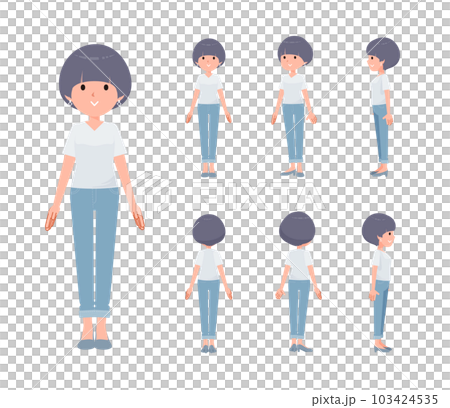 立っているTシャツマッシュヘア女性のセット 103424535