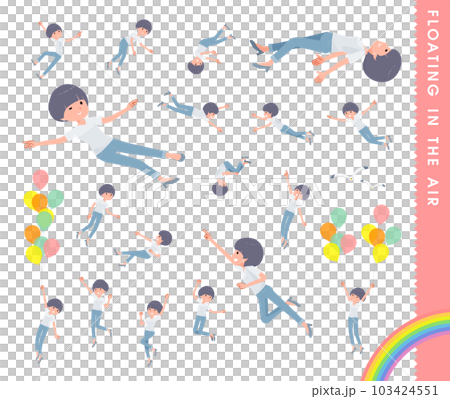 漂浮在空中的 t 卹混搭頭髮女人套裝 103424551