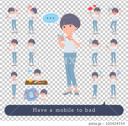 スマホを使って不幸せなTシャツマッシュヘア女性のセット スマホを使って不幸せなTシャツマッシュヘア女性のセット 103424554