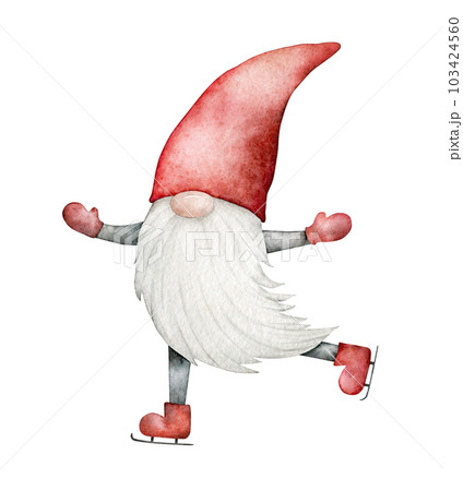 Nordic traditional gnome in a red hat skating. Funny New Year and Christmas Scandinavian Troll, dwarf. Hand drawn watercolor illustration for souvenirs, greeting card, sticker, poster. Adorable Winter 103424560
