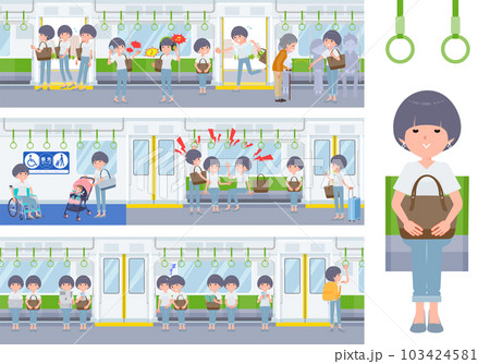 電車に乗るTシャツマッシュヘア女性のセット 103424581