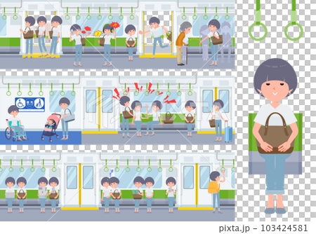 電車に乗るTシャツマッシュヘア女性のセット 103424581