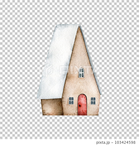 Cute house with red doors, windows and with snow on the roof isolated on background. Hand drawn watercolor illustration for Christmas card, souvenirs, winter poster, happy new year, sticker Cute house with red doors, windows and with snow on the roof isolated on background. Hand drawn watercolor illustration for Christmas card, souvenirs, winter poster, happy new year, sticker 103424598