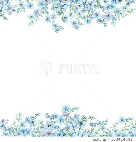 Blue forget-me-nots, floral rectangular frame with place for text. Spring flowers Scorpion Grass, Myosotis. Hand draw watercolor illustration template for wedding anniversary, birthday 103424652