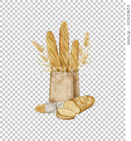 Crispy French baguettes in craft bag with bunch of spikelets of wheat, rye, grains and sliced fresh bread. Protein and whole grain nutrition. Hand drawn watercolor illustration for card, souvenir 103424653