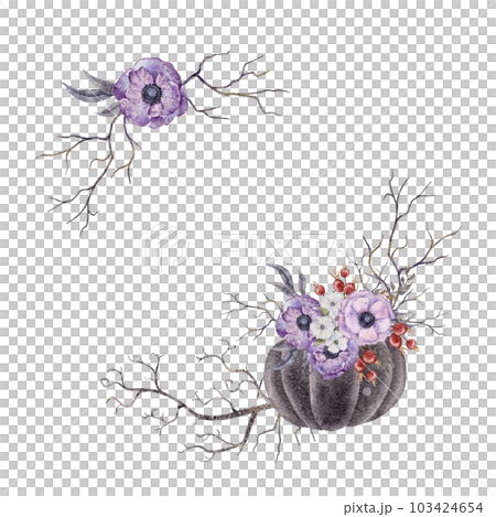Round wreath with black pumpkin and purpule anemone , rosehip berries, dusk violet leaves and tree branches. Autumn watercolor illustration. Fall flowers. Thanksgiving cards floral bouquet. Hand drawn 103424654