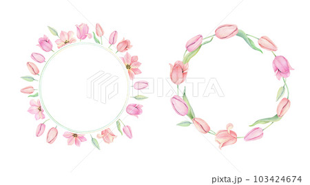 Set of two Frame with pink tulip flowers in a circle. The text is in the middle. Greeting card template with place for text. Spring wreath. Hand drawn watercolor illustration for easter design 103424674