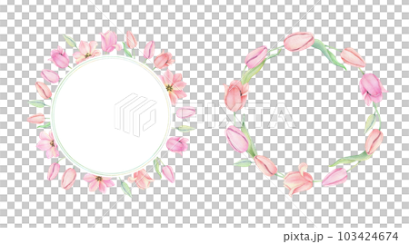Set of two Frame with pink tulip flowers in a circle. The text is in the middle. Greeting card template with place for text. Spring wreath. Hand drawn watercolor illustration for easter design 103424674