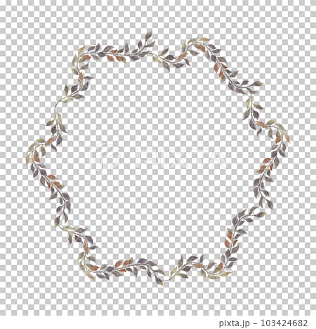 Round wreath with branches with leaves. Hand drawn watercolor illustration. Place for text is in the middle. Frame for print design, announcements, greeting cards, posters, weddings. 103424682