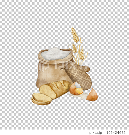 Flour sack, potholder, bunch of spikelets of wheat, rye, grains, the broken shell of a chicken egg and sliced fresh bread. Hand drawn watercolor illustration for card, souvenir, package, poster 103424683